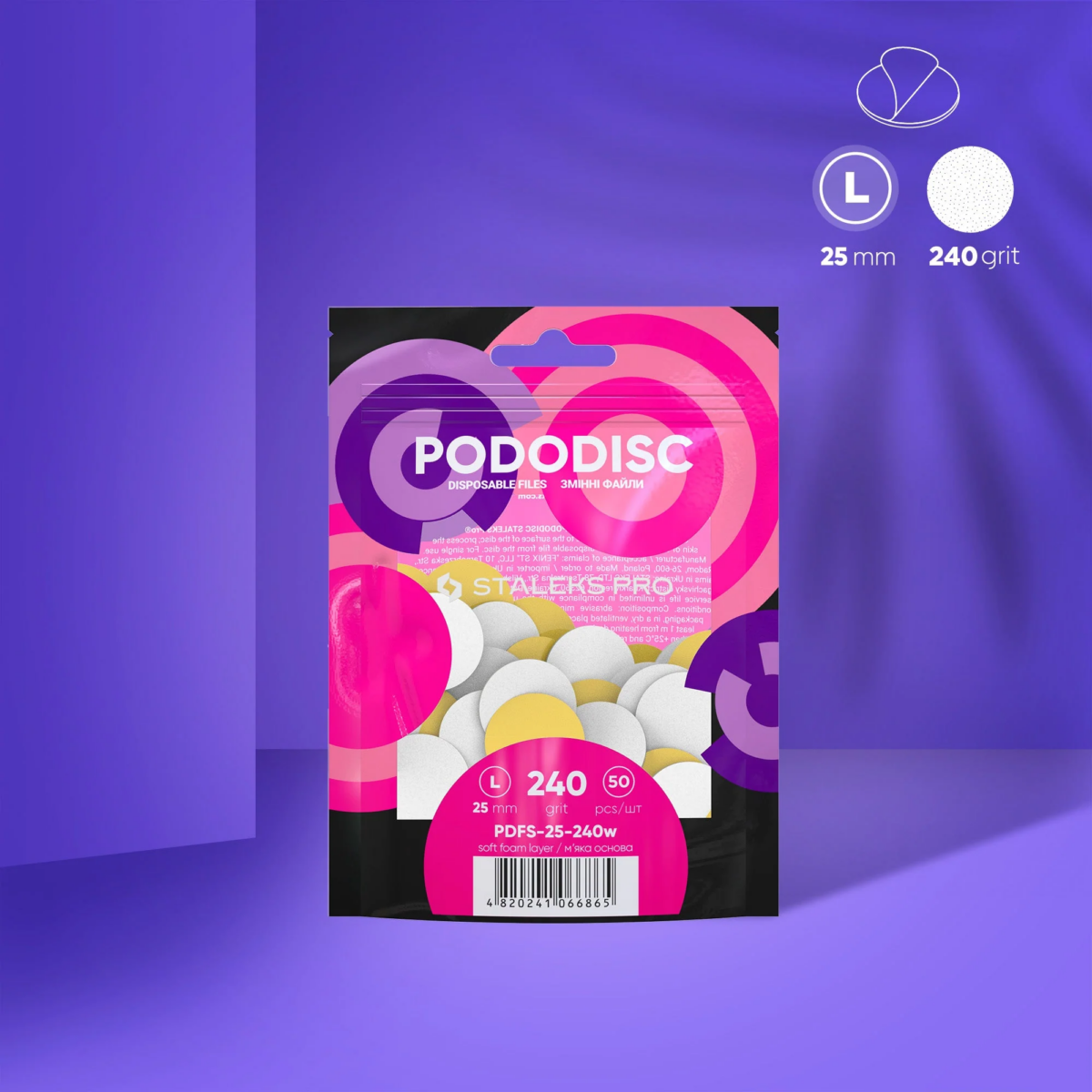White Disposable Files With A Soft Foam Layer For Pedicure Disc PODODISC STALEKS PRO L (50 Pcs)